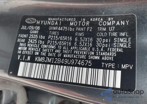 2009 Hyundai Tucson Gls from USA, damaged, VIN KM8JM12B49U974675